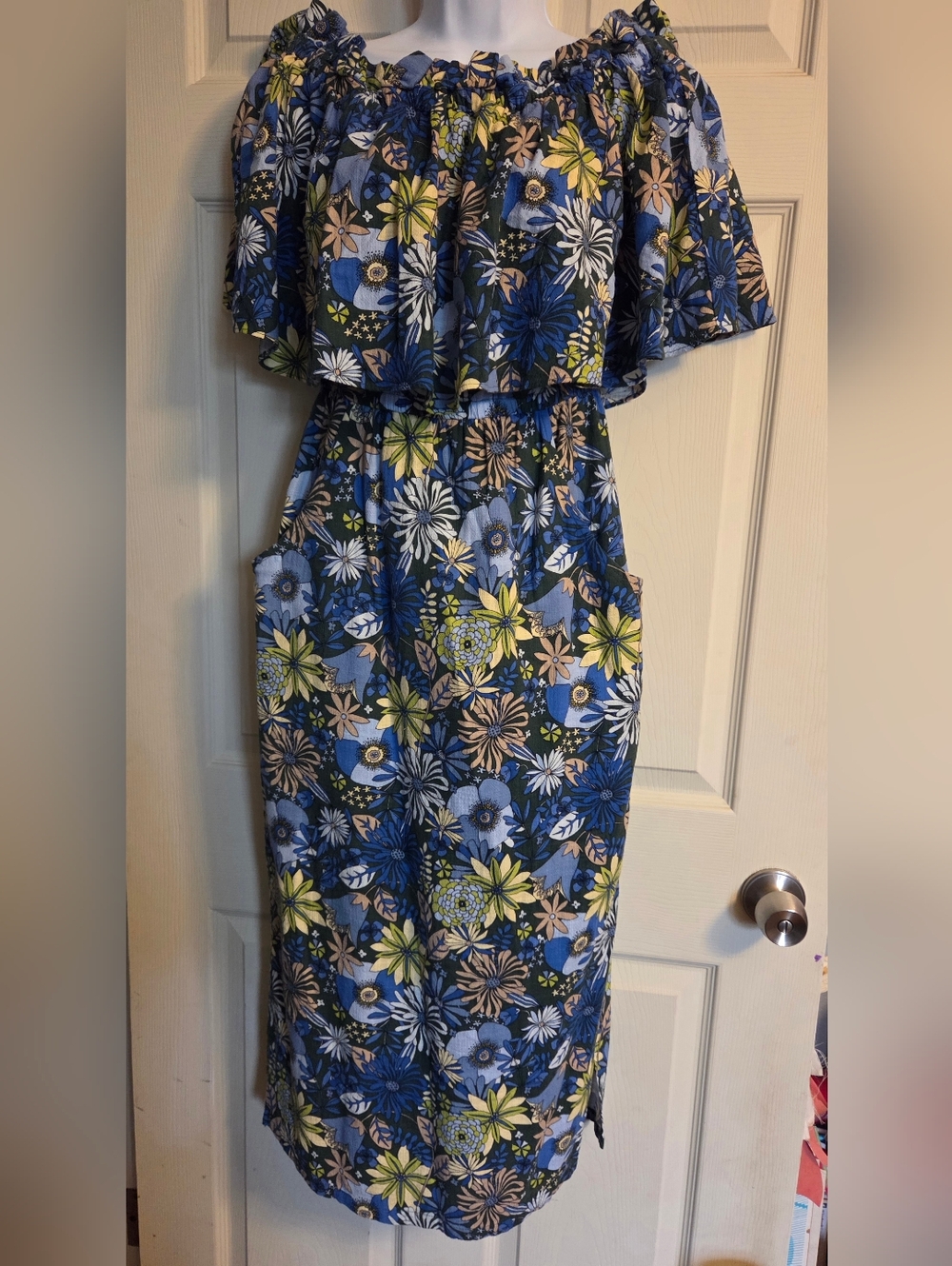 Blue Floral Off-Shoulder Midi Dress